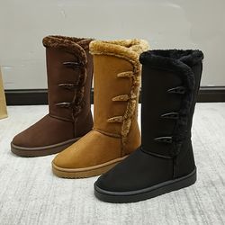Handmade Women's Solid Color Snow Boots, Casual Buckle Design Plush Lined Boots, Comfortable Winter Boots winter boots