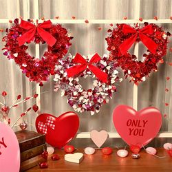 1pc, Valentine's Day Heart Shape Bowknot Wreath, Red Pink White Tinsels Wreath For Indoor Outdoor, Romantic wreath1pc, V
