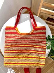 Crochet Pattern for Large Striped Raffia Beach Bag with Leather Handles, Shopping Tote bag, Download Tutorial, PDF VIDEO