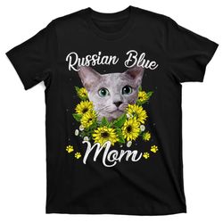 Cat Mom MotherS Day Kitten Sunflower Russian Blue Mom T-Shirt