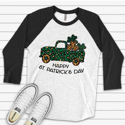 St Patricks Day Raglan, Cute St Patricks Leopard Print Truck with Shamrocks Design on premium Raglan 34 sleeve shirt, pl