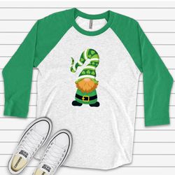 St Patricks Day Raglan, Cute St Patricks Day Gnome with Shamrocks Design on premium Raglan 34 sleeve shirt, plus size, 2