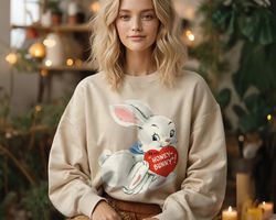 Retro Valentine Sweatshirt Bunny Gift, Vintage Valentines Day Heart Shirt, Cute Cottagecore Shirt Preppy Sweatshirt, Tea