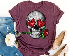 Printed Skull Sequin Shirt, Skull Valentine Shirt, Valentines Day Shirt, Valentine Shirt, Valentines Day Gift, Happy Val