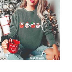 Comfort Colors Christmas Cats Sweatshirt, Cats Christmas Sweater, Cats in Cups Christmas Graphic Sweatshirt, Christmas C