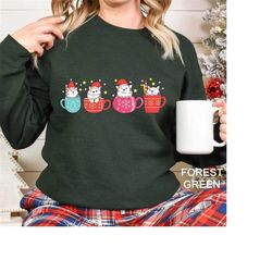 Cute Christmas Cats Sweatshirt, Cats Christmas Sweater, Cats in Cups Christmas Graphic Sweatshirt, Christmas Cats Sweats