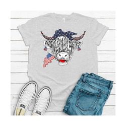 Adorable Patriotic Cow, Red White And Blue Flag, USA Cow, Highland Cow, Fourth of July, 4th of July shirt, American Flag
