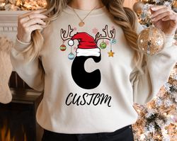 Christmas Custom Name Initial Sweatshirt, Xmas Matching Pajama, Family Christmas Sweatshirt, Personalized Christmas Coup