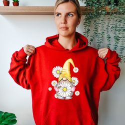 Cute Gnome Sweatshirt, Daisy Graphic Sweatshirt, Floral Print Hoodie, Womens Spring Clothing, Summer Graphic Sweatshirt,