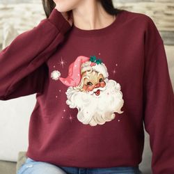 Pink Christmas Santa Sweatshirt, Retro Pink Santa Hat Hoodie, Classic Christmas Santa, Vintage Santa Graphic Sweatshirt,