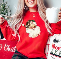 Leopard Santa Claus Sweatshirt, Retro Christmas Santa Sweater, Santa Claus Shirt, Santa Face, Christmas Gifts,Funny Sant
