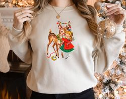 Retro 90s Christmas Sweatshirt, Comfort Reindeer and Little Girl Christmas Crewneck, Reindeer Christmas Tshirt, Christma