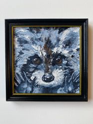 Raccoon Original Art Animal Painting Small Wall Art by ArtNastPos Oil Painting Cute Painting Framed