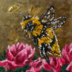 Bee Original Art Honeybee Wall Art Flowers Painting Floral Artwork Small Painting by ArtNastPos