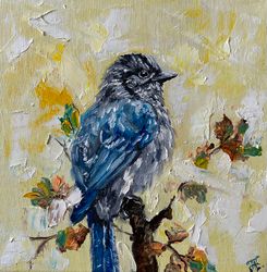 Blue Jay Original Art Bird Painting Small Wall Art on Canvas by ArtNastPos