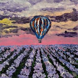 Provence Original Art Landscape Painting Hot Air Balloon Artwork Floral Wall Art by ArtNastPos