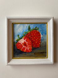 Strawberry Original Art Fruit Painting Small Wall Art with Frame by ArtNastPos