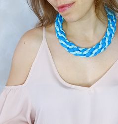 Blue Fabric Necklaces for Women, Chunky necklace, Statement Necklace, Colorful Necklace, Boho knot Necklace