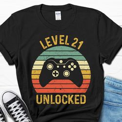 level 21 unlocked birthday shirt, funny gaming t-shirt, husband gamer gift for him, video games tee for men, 21st b-day