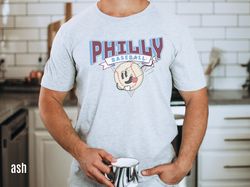 philadelphia cartoon baseball shirt, retro 90s throwback shirt, vintage style base ball tshirt, gameday apparel, phl spo