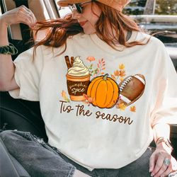 Tis The Season Shirt, Fall Pumpkin Football Shirts For Women, Pumpkin Spice Shirt, Fall Coffee Graphic Tee, Womens Hallo
