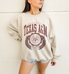 retro texas a m oversized sweatshirt in tan, texas a m college, texas a&m aggies , gift for fans, oversized, unisex