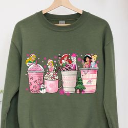Disney Princess Christmas Coffee Sweatshirt,Pink Christmas shirts,Women Disney Christmas shirts, Christmas Princesses Sh