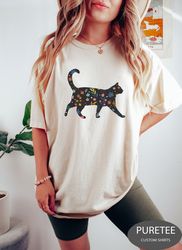 Cat Sweatshirt, Floral Cat Shirt, Black Cat Mom Shirt, Gift For Cat Lover, Cat Lover Girls Shirt, Flower Gift For Cat Lo
