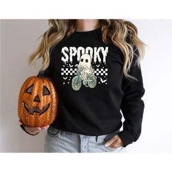 Spooky Season Ghost Sweatshirt, Cute Ghost With Bicycle, Halloween Sweatshirts, Spooky Vibes Hoodie, Spooky Gift, Hallow