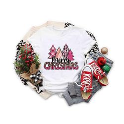Christmas Shirt, Leopard Print Christmas Shirt, Merry Christmas Pink Christmas Trees Shirt, Holiday Shirt, Cute Christma