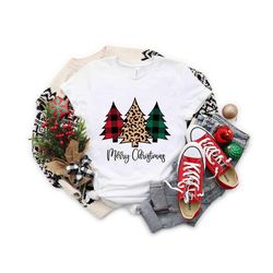 Ladies Merry Christmas Tree T-Shirt, Women Christmas Shirt, Cute Christmas Shirt, Women Holiday Shirt, Leopard Print Chr