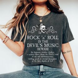 Rock N Roll Is Devil's Music, Funny, Retro Tee, Comfort Colors, Garment Dyed, Boho, Oversized, Vintage, Halloween, Skele