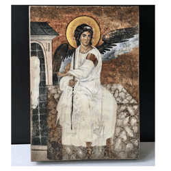 The White Angel, Myrrhbearers on Christ's Grave | Quality Icon print mounted on flat wooden plank | Size: 18 x 13 cm