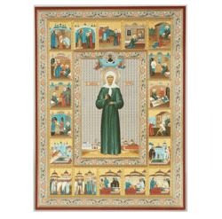 Saint Matrona of Moscow with 18 scenes from his life | Gold and silver foiled icon on wood | Size: 9 3/4"x7 1/4" |