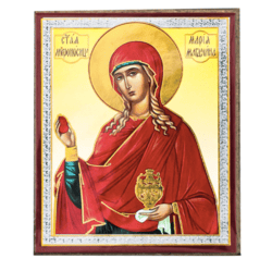 St Mary Magdalene, wooden miniature icon  | Silver and Gold foiled miniature icon | Size: 2,5" x 3,5" |