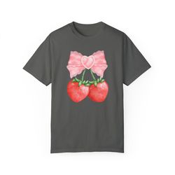 cute strawberry coquette shirt, fruit lover gift, berry lover gift, pink bow, soft girl aesthetic tee, coquette bows, co