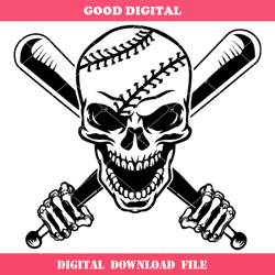 Baseball Skull with Crossed Bat Svg, Softball Skull Svg