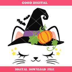 cute cat witch svg, witch cat halloween svg, witch hat svg