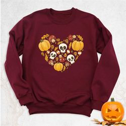 Halloween Skull pumpkin sweatshirt, Autumn hoodie, mushroom pumpkin sweatshirt, Fall skeleton sweatshirt,heart pumpkin s