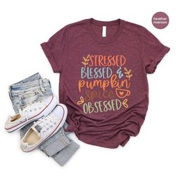 pumpkin shirt, fall season gifts, coffee graphic tees, autumn t-shirt, shirts for women, fall shirt, stressed blessed pu