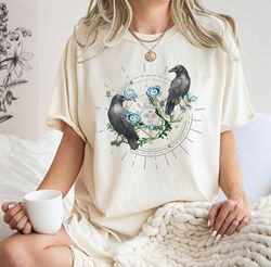 Celestial Ravens and Thistles, Bird Lover Shirt, Moon Phase Shirt, Floral Gift Tee, Whimsigoth