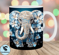3D Blue Flowers Elephant Mug Wrap, 11oz And 15oz Mug Template, Mug Sublimation Design, Mug Wrap Template, Instant Digita