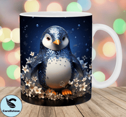 3D Crystal Penguin Mug Wrap, 11oz And 15oz Mug Template, Mug Sublimation Design, Flowers Mug Wrap Template, Instant Digi