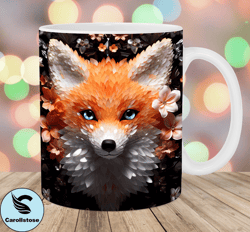 3D Fox Mug Wrap, 11oz  15oz Mug Template, Mug Sublimation Design, Flower Mug Wrap Template, Instant Digital Download PNG