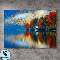 colorful tree canvas wall art,colorful tree painting in a wide lake,landscape wall art,bring the vibrant scene of nature