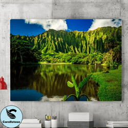 hawaiian wall art, mountain lake forest landscape wall art painting, landscape wall art, lake canvas print, nature art p