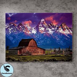 Snow Mountain Canvas Wall Art,Snow Mountain And Log Cabin Painting,Winter Cabin Print,Mountain Canvas Art Perfect Winter