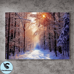 Sunset in a Snowy Forest Canvas Design,Winter Landscape Painting,Scenic Wall Decor,Bring the Beauty of Nature to Your Ho