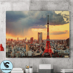 Tokyo Tower Canvas Wall Art Painting, Canvas Wall Decoration, Tokyo Tower Painting, City Poster, Living Room Wall Art, H