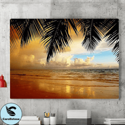 tropical leaf canvas wall art painting, canvas wall decoration, ocean sunset poster, living room wall art, modern home d